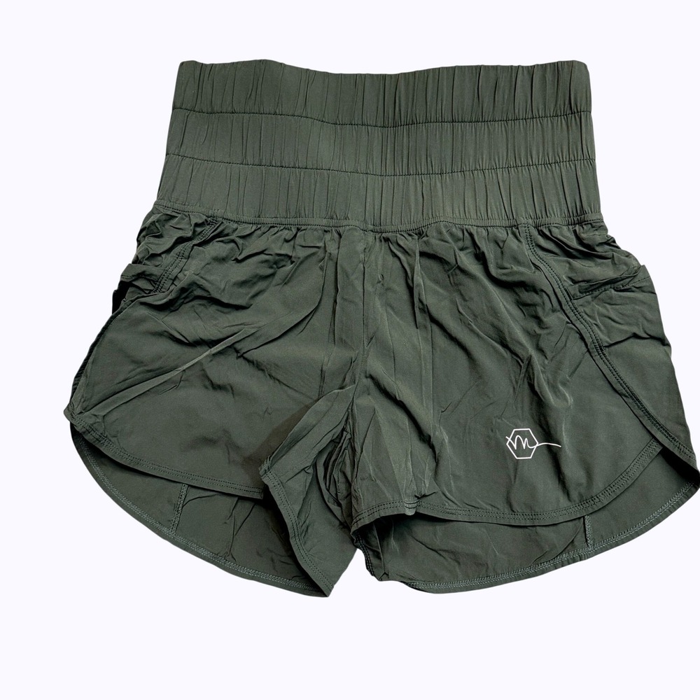 Maven Thread Women High Waisted Smocked Running Shorts Green XS Pockets Gym NWOT